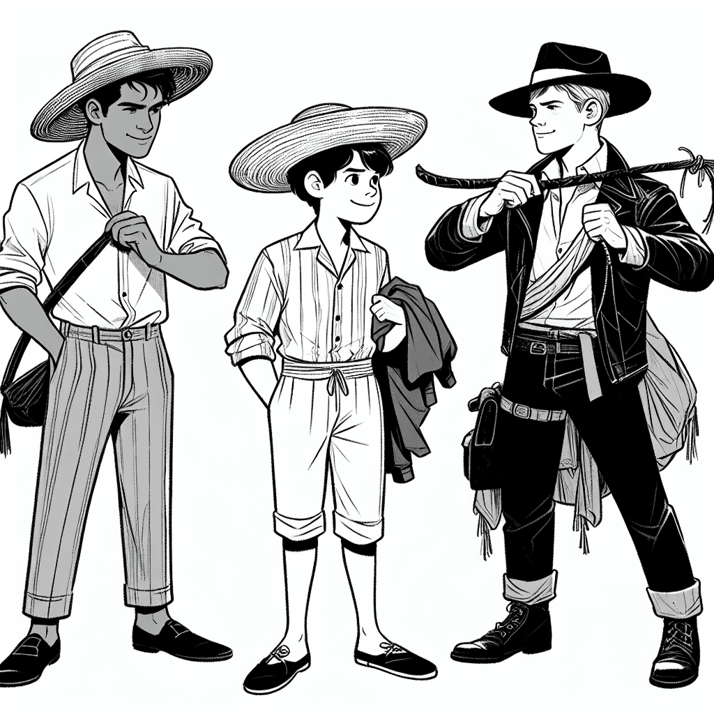 two boys get dressed with typical cuban clothes and a third boy get dressed as indiana jones