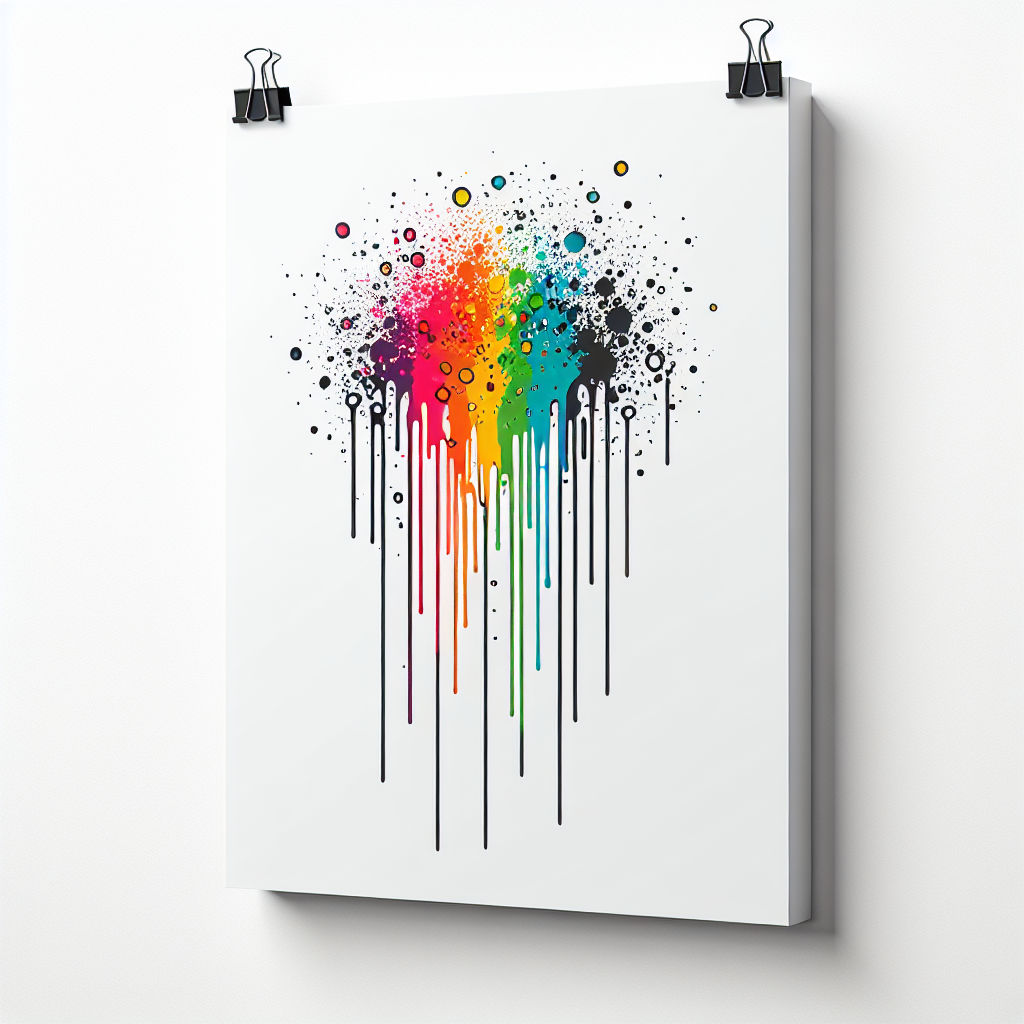 Bursts of multicolored paint dripping down a white wall. 